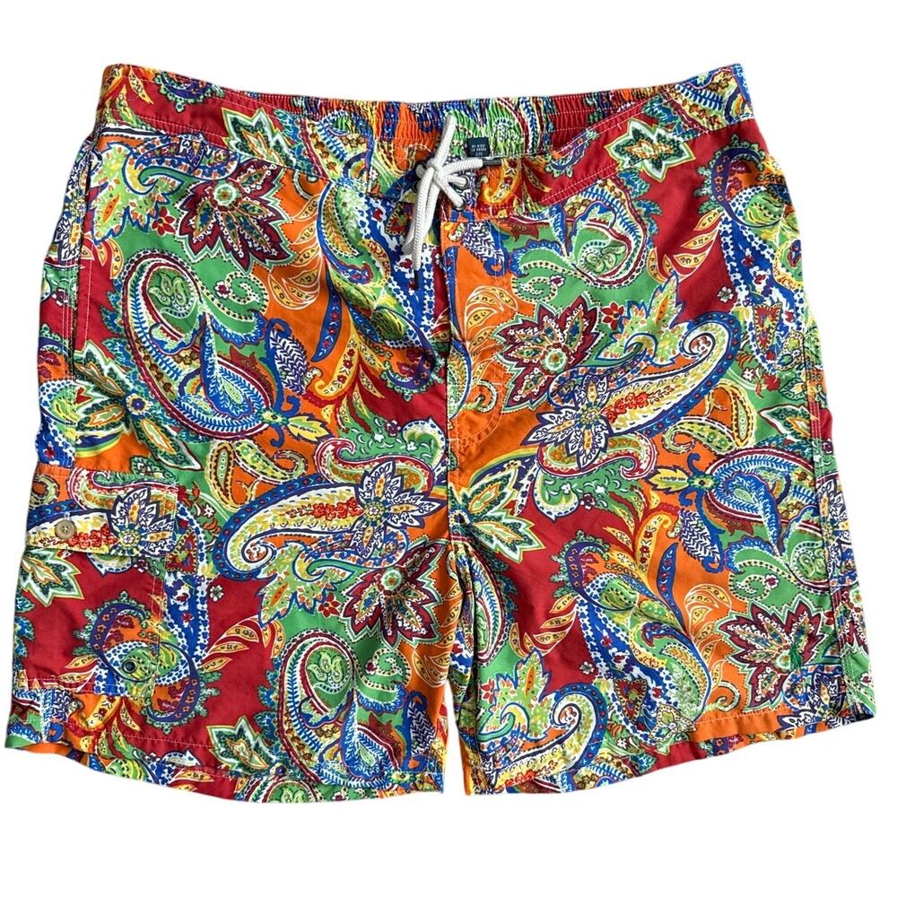 Polo Ralph Lauren Vintage Tag Orange Green Paisley Lace Up Swim Trunks Size XXL - Picture 2 of 7